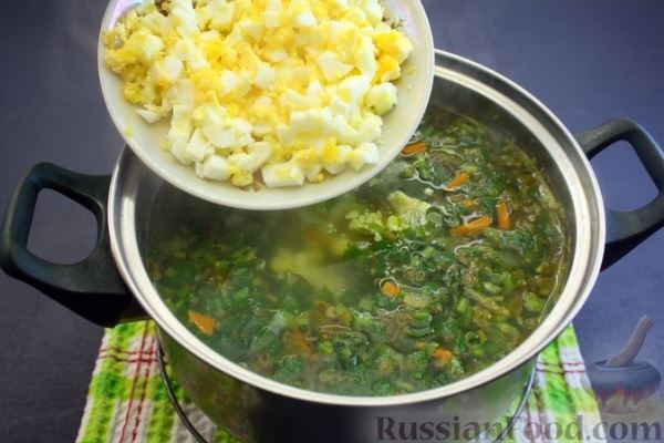 Картофельный суп со щавелем, черемшой и сметаной